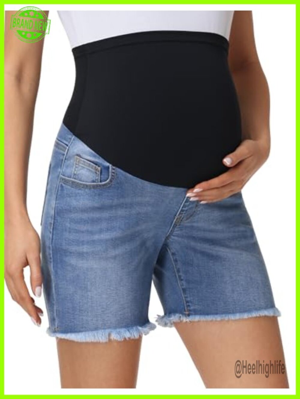 Maternity Denim Shorts Over Bump Elastic Waist Frayed Hem Jean Shorts